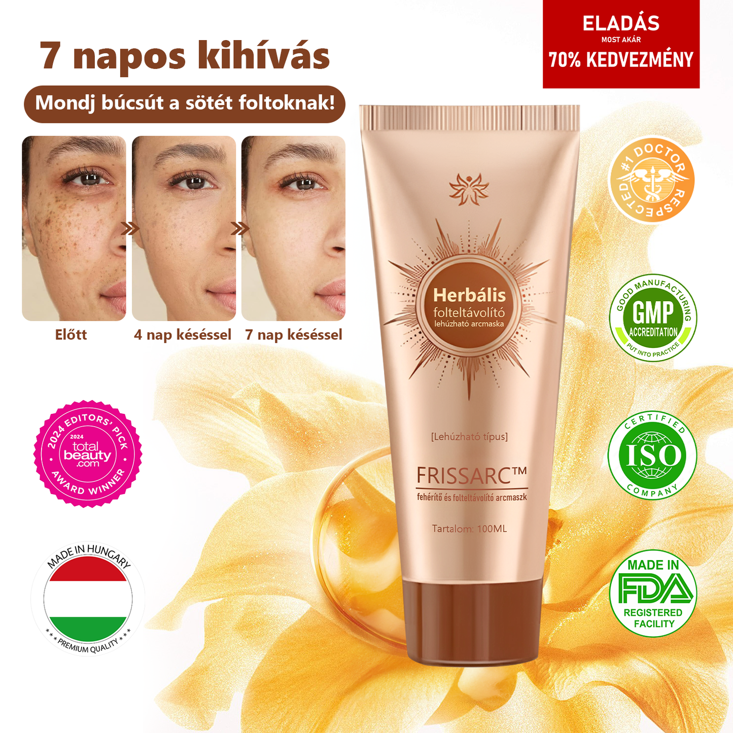 FRISSARC™ fehérítő és folteltávolító arcmaszk –👩‍⚕️Természetes összetevők tartósan eltüntetik a foltokat, szeplőket és napfoltokat.